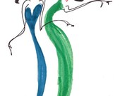 CRAZY LADIES - Printed Card -  2  Black-haired Fashionistas Sisters Friends Bridesmaids Twins Dancers in Blue Green Long Dresses Hats