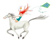 LITTLE LADY GODIVA - Poster (Printed) 18" (wide) x 12" (high) -   Redheaded Girl in Teal with Tiara  Flying Kite on Galloping White Horse