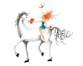 LITTLE LADY GODIVA -  Poster (Printed) 18" (wide) x 12" (high) - Redheaded Girl in Teal with Tiara Giving Flowers to White Horse