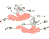 POODLES EN POINTE - Printed Card -2 Leaping Whimsical Grey Poodle Ballerinas in Coral-Pink Tutus Bright Pink Hair Bows & Ballet Shoes