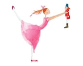 THE NUTCRACKER -  Clara and Nutcracker - Printed Card - Clara in Pink Dancing with her Beloved Nutcracker in Red and White