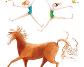 Little Lady Godiva - INDI, IRIS and JANIE - Printed Card - 2 Cute Girls in Blue & Green with Tiaras Jumping with Beach Ball above  Red Horse