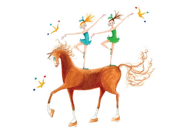 Little Lady Godiva - INDI, IRIS and JANIE - Printed Card -2  Ballerinas Equestrians in Blue Green with Ponytails Tiaras Dancing on Red Horse