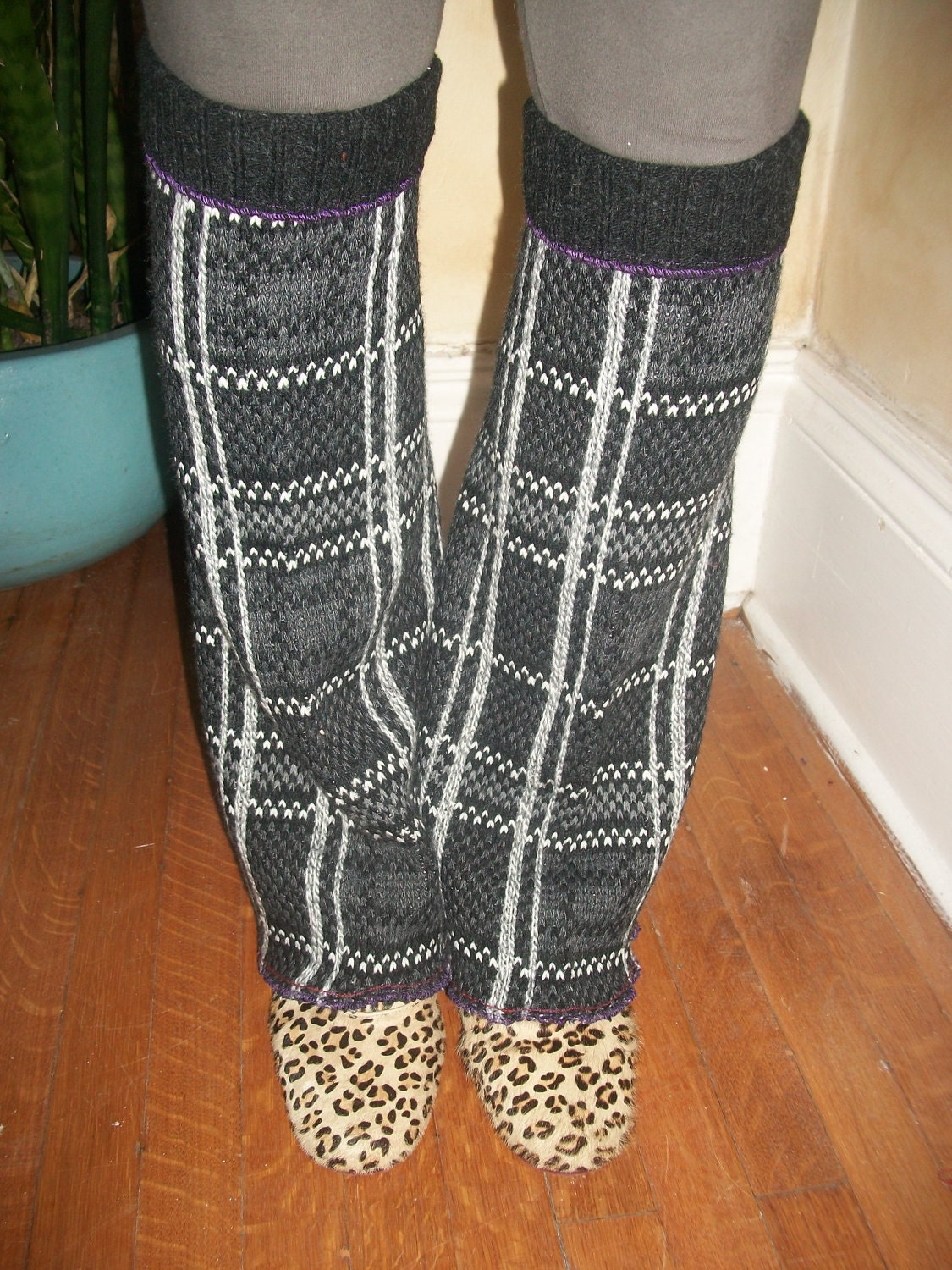 Harry and the Hippie Chic Upcycled Recycled Reconstructed Ooak Black Plaid Leg Warmers