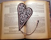Bookmark, Heart Shaped, Fabric Soft Pink and Brown Damask