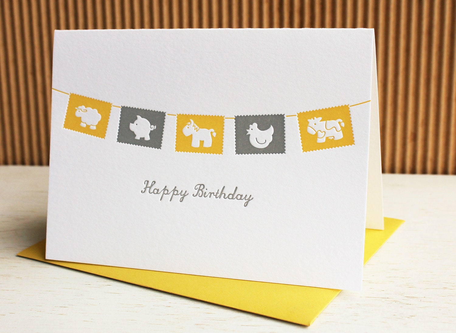 Farm Animal Flags Happy Birthday - Letterpress Greeting Card
