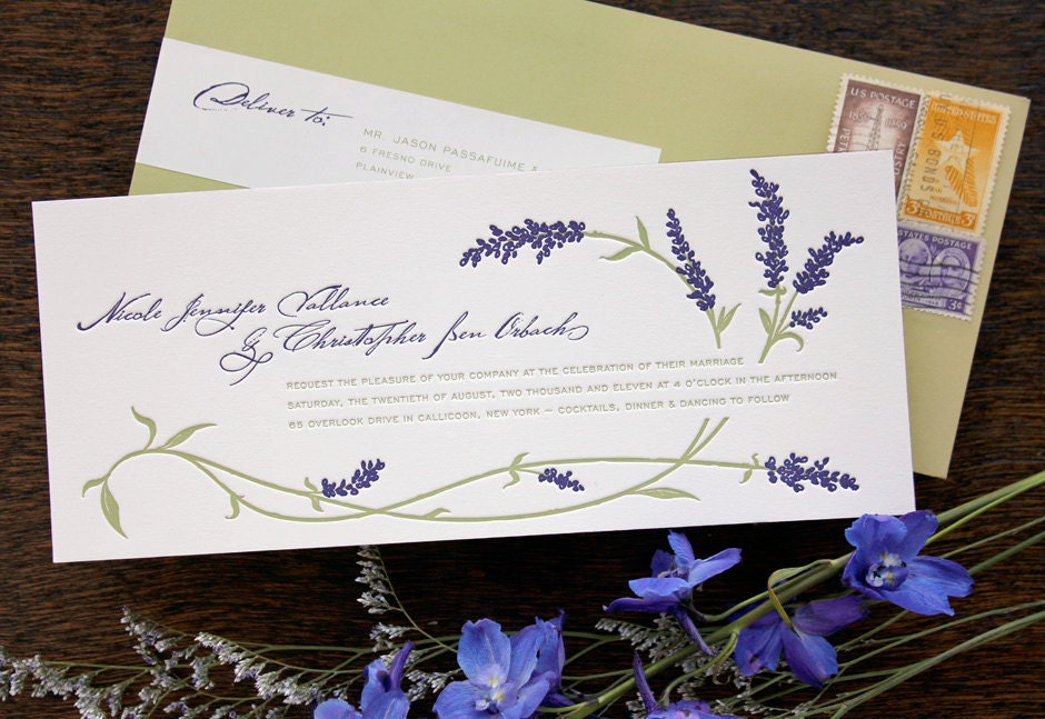 Letterpress Wedding Invitation - SAMPLE - Lavender, Salvia, Wild Flower, Garden, Summer