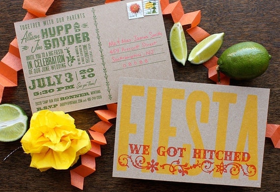Letterpress Wedding Invitation - SAMPLE - Mexican Fiesta, Funky type postcard
