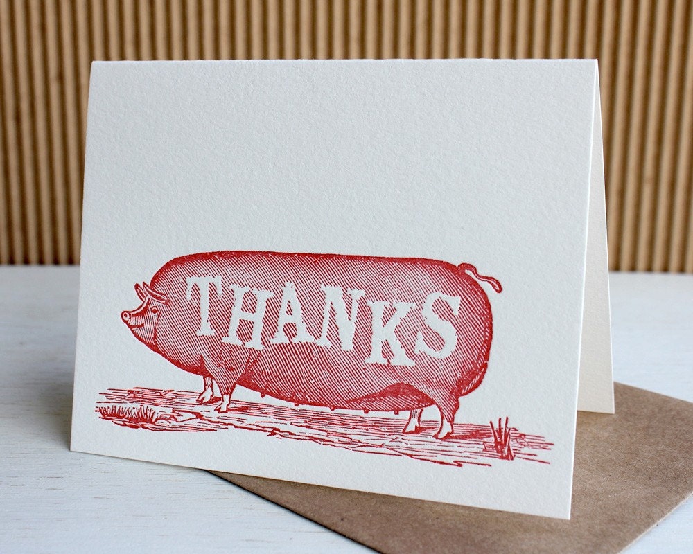Big Pig Thanks,  set of 6 Letterpress Thank You Notes