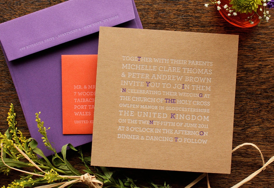 Letterpress Wedding Invitation - SAMPLE - Rustic Modern Eco-chic, Simple and Playful