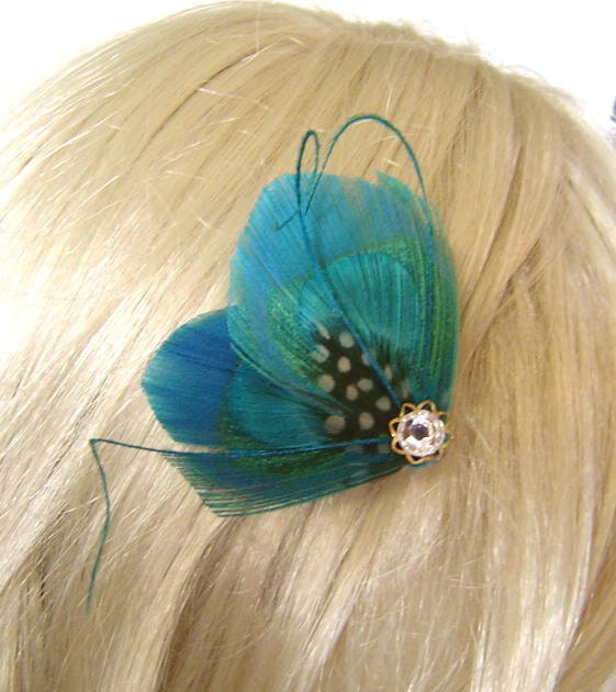 LYNN in Turquoise Blue Peacock and Guinea Feather Rhinestone Hair Wedding Fascinator Clip Bobby Pin Ready to Ship