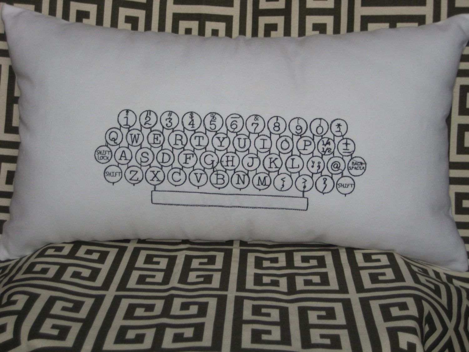 Keyboard Pillow Cover 12" x 20" White Cotton Fabric with Black Embroidery