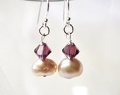 Freshwater Pearl Earrings with Purple Swarovski Crystals, Sterling Silver