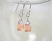 Peach and Purple Earrings, Peach Swarovski Crystal Cubes and Purple Swarovski Crystal Bicones, Sterling Silver