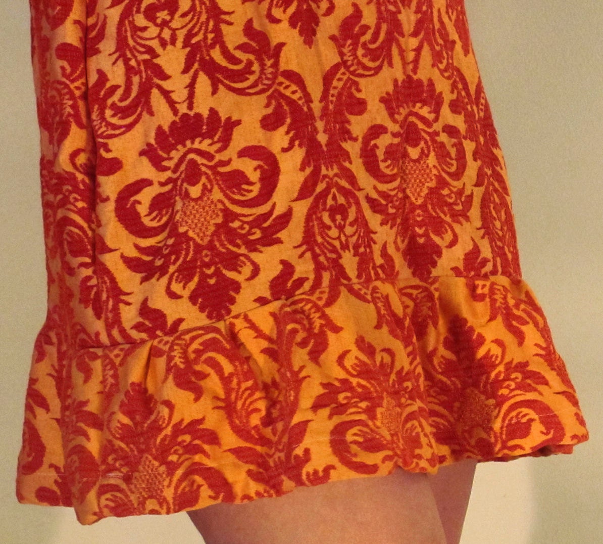 RESERVED for annie, Orange and Red Damask Shift Dress, Hand dyed, Ruffle Hem,