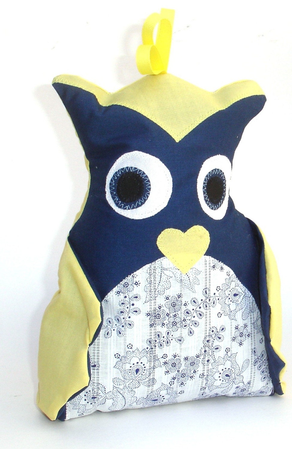 Handmade Stuffed Owl, Navy Blue and Yellow Owl Pal with Floral Paisley Belly - Stuffed Animal