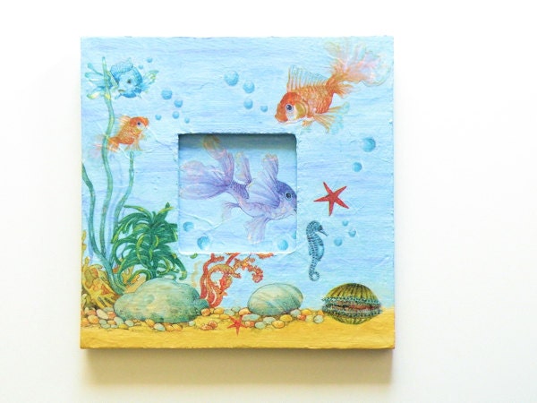 Aquarium Photo Frame - OOAK decoupaged photo frame with fishes and other marine animals