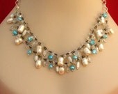 Double Strand Ice Blue Pearl & White Shimmer Necklace Jewelry Handmade Women