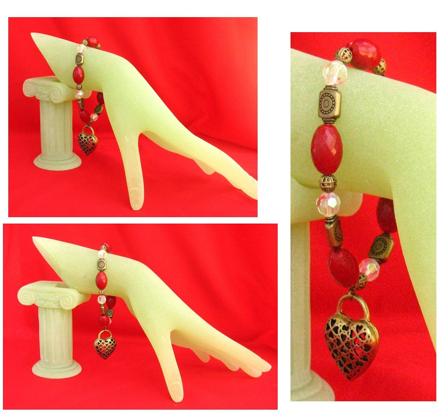 Celtic Gold Red Crystal Heart Charm Bracelet Jewelry Handmade NEW Fashion