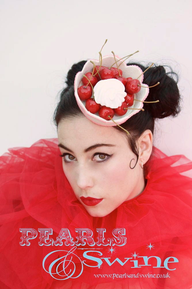 Fascinator Hat Headpiece Hair Accessory Cherry Burlesque Cherries Pinup Cheesecake by Pearls & Swine