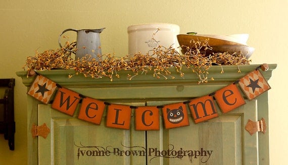 Primitive FALL banner WELCOME BANNER Garland Halloween signs photo props tdipt Harvest banner word art