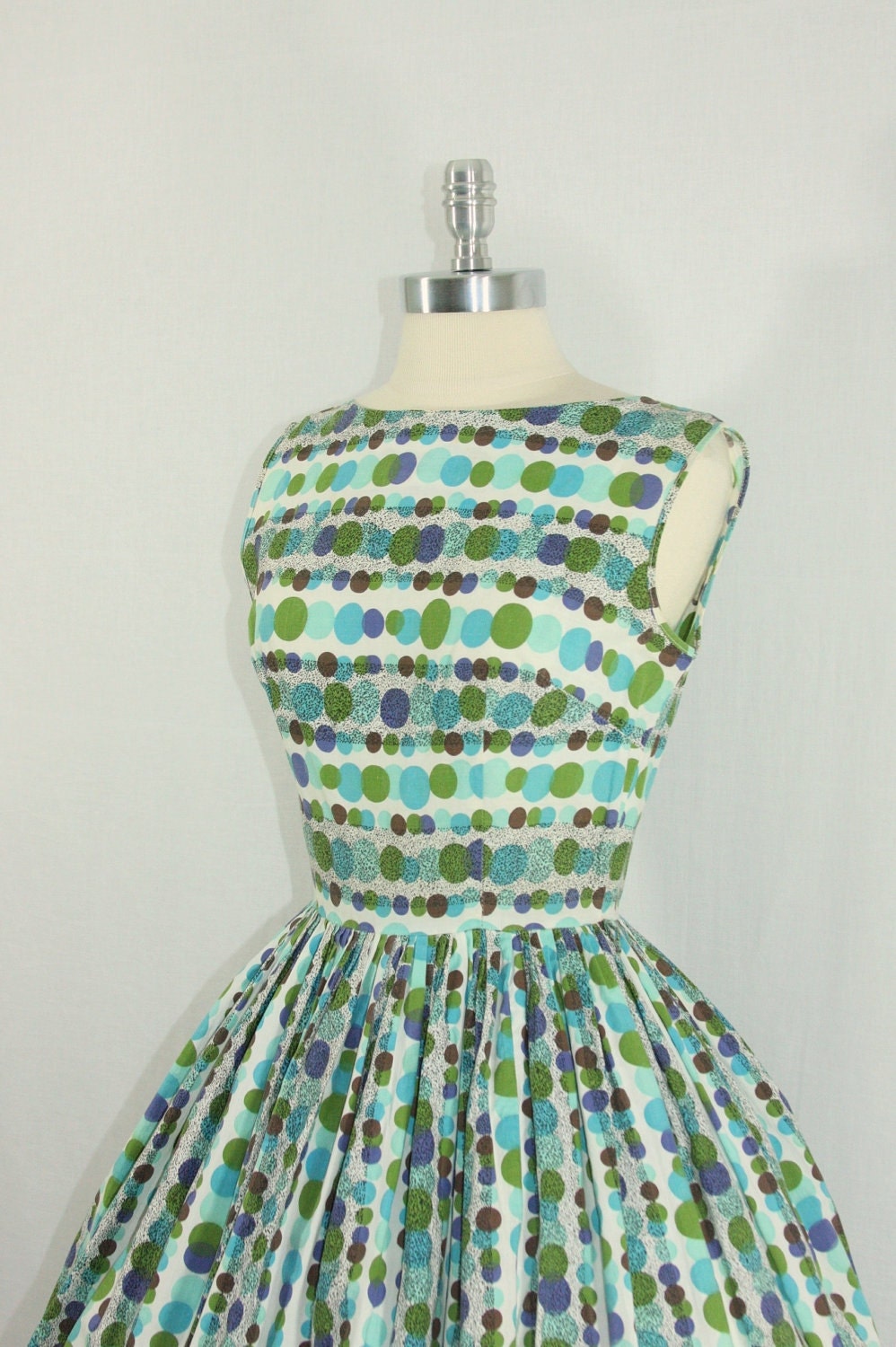 Cotton Summer Dress - 1950's Vintage - Blue and Green Polka Dot Cotton Full Skirt Summer Dress