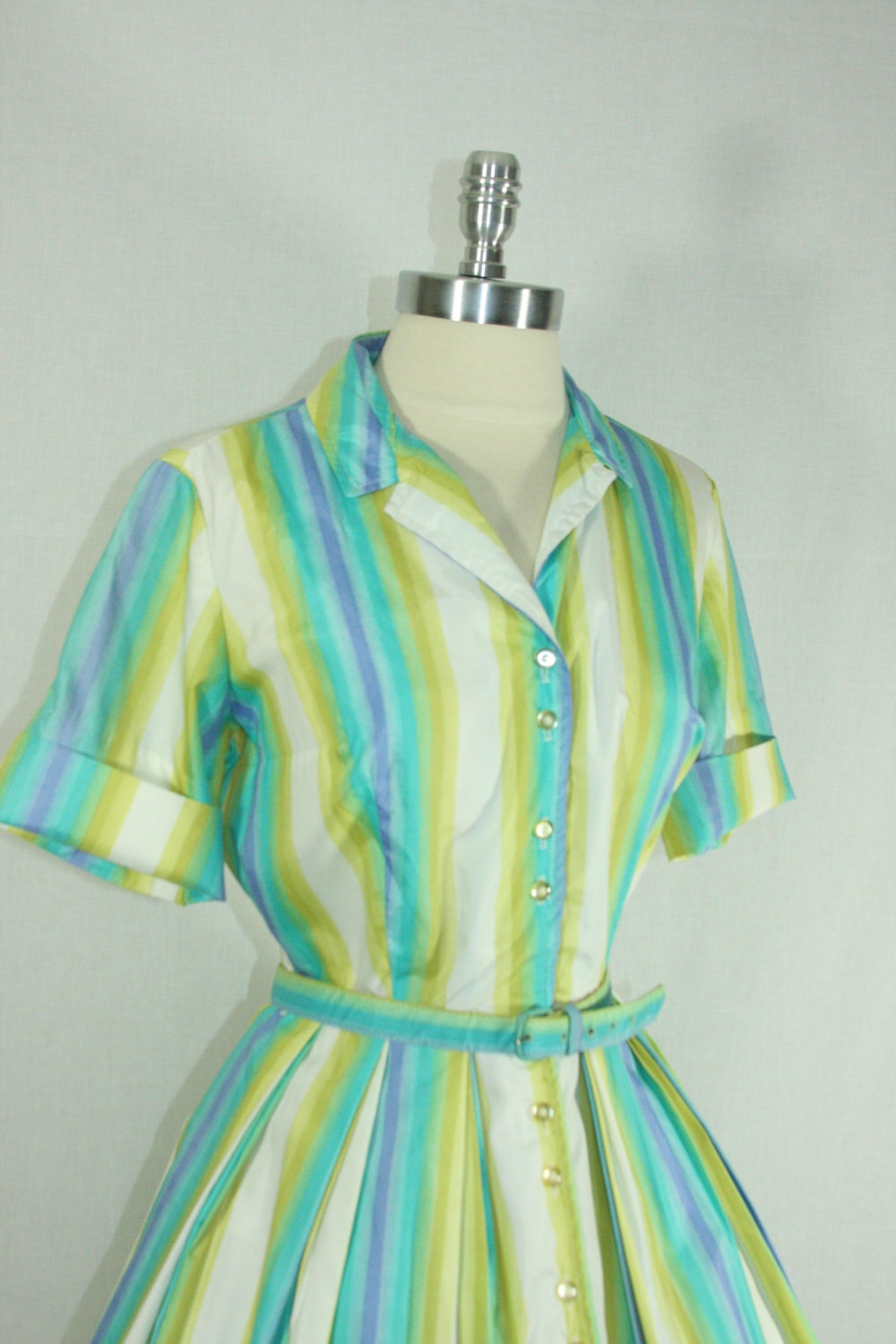 30% off....... Striped Dress - 1950s Aqua Green Yellow and White Striped POLISHED COTTON Full Skirt Frock