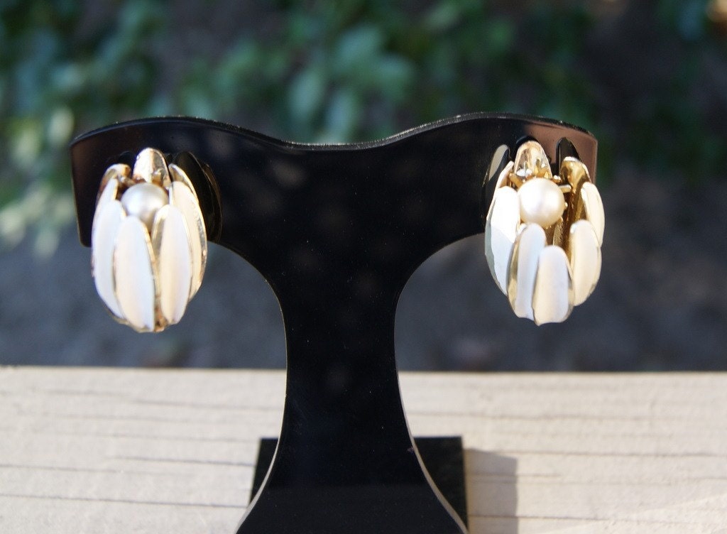 Enameled and Pearl Tulip Earrings Signed Coro