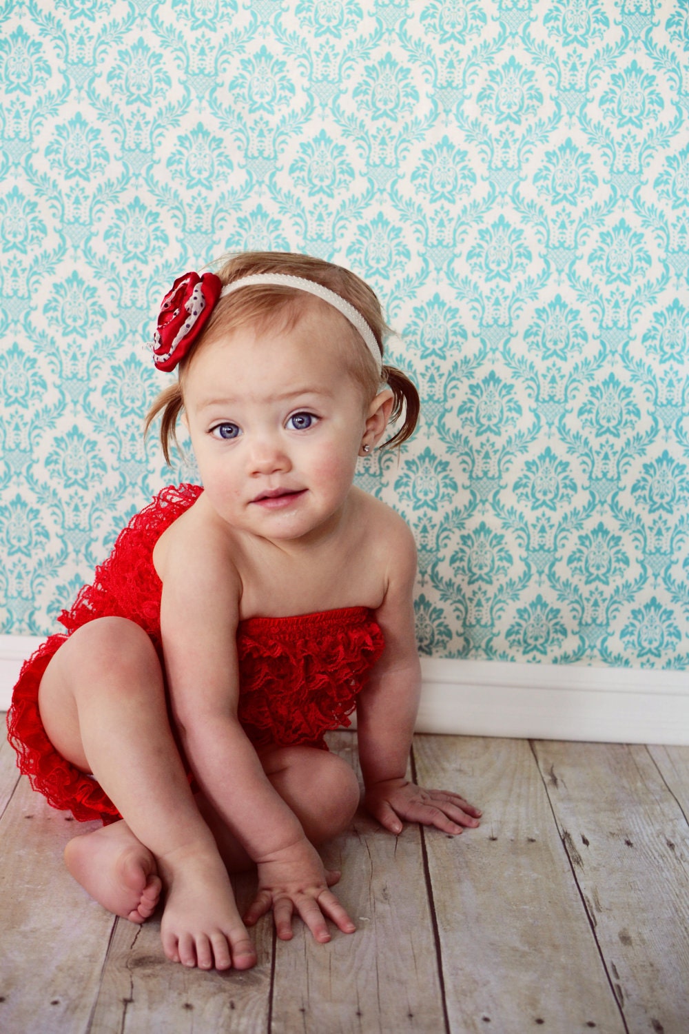 Red bubble lace Petti Romper, great photography prop