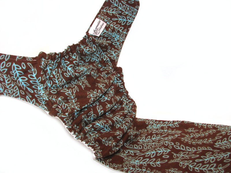 Fitted Cloth Diaper, OS, Flannel - Brown with aqua leaves
