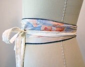Reversible Obi belt / Peaches and Cream Reversible kimono textile and organic cotton / hemp denim
