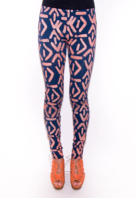 Hand Printed Leggings in Navy and Orange Punch 'Face' Print