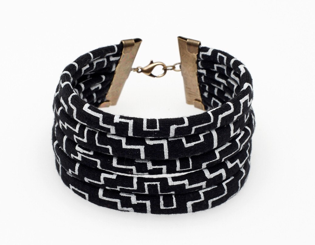 Hand Printed String Cuff Bracelet in Black Cross