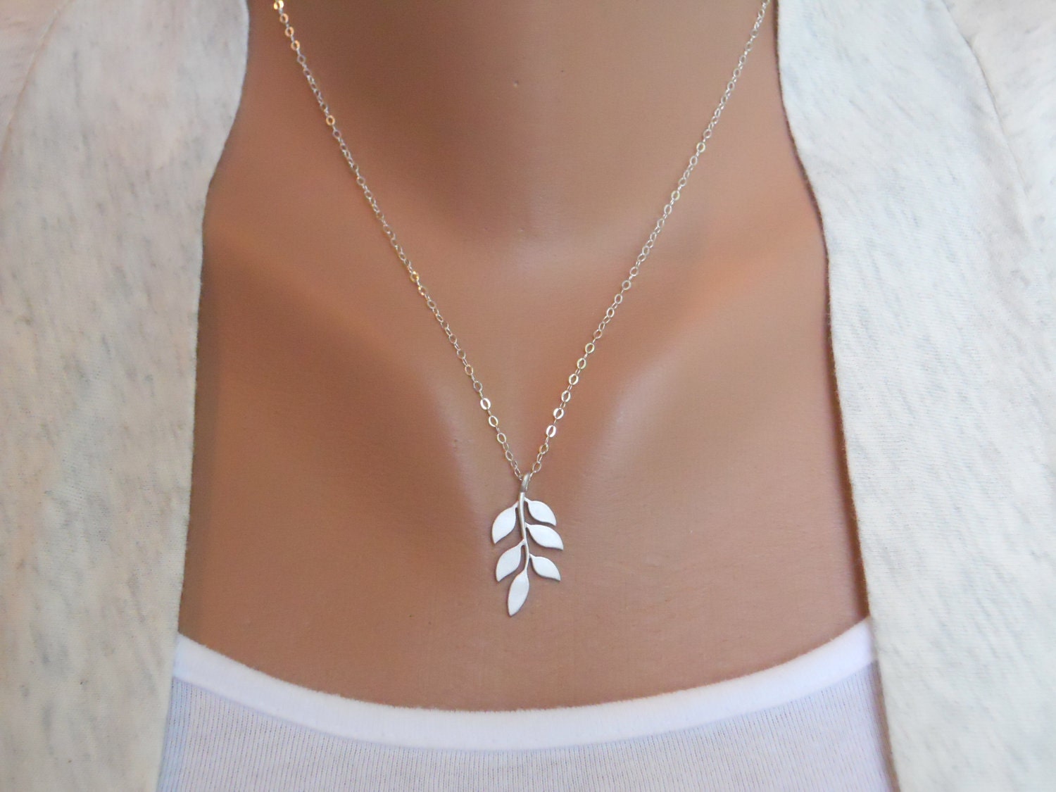 Leafy Necklace - white gray leaf pattern - sterling silver chain - morganprather