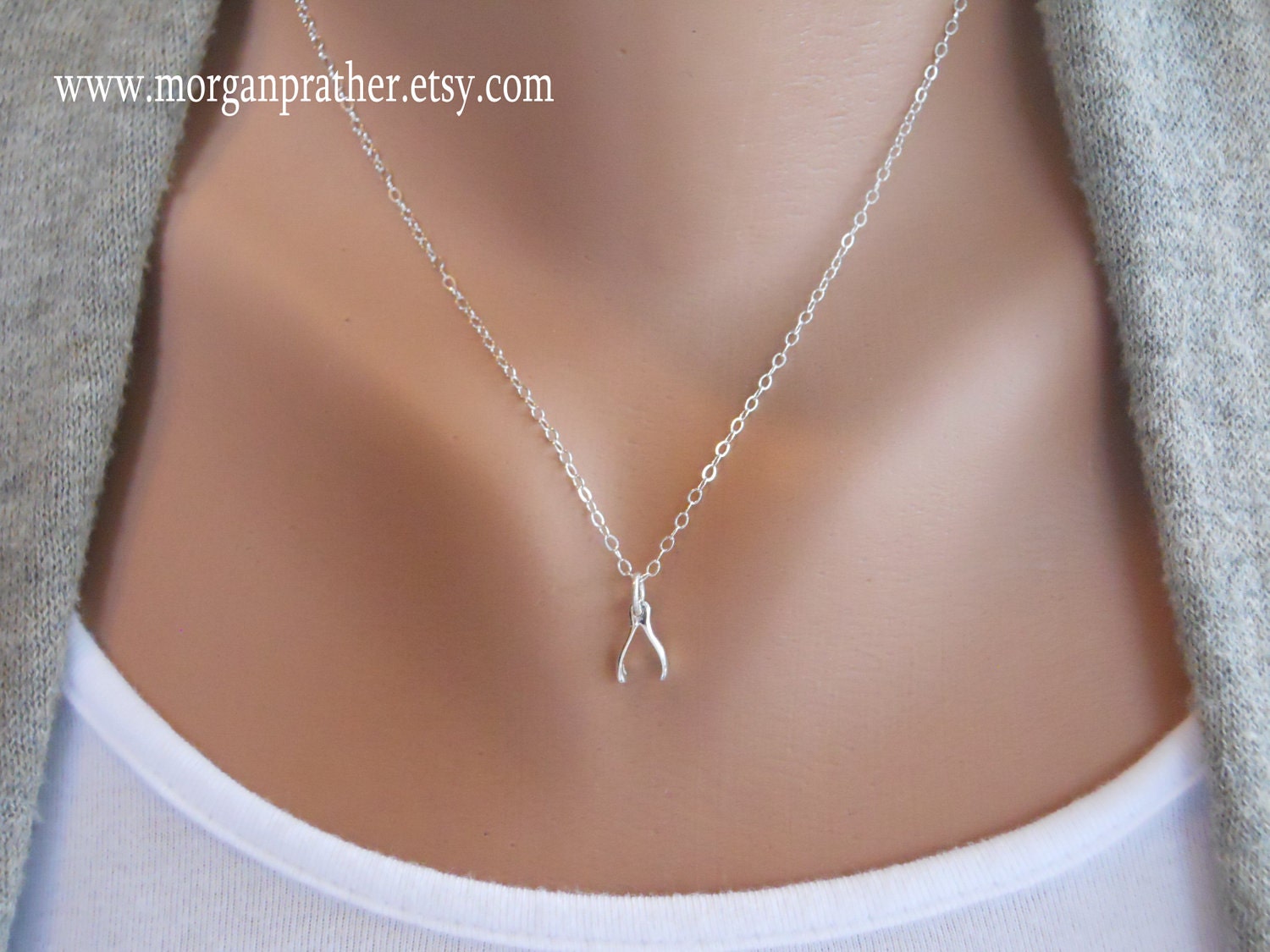 Wishbone Sterling Silver Necklace - Dainty Simple Wishbone Pendant - Sterling Silver Fine Chain - morganprather
