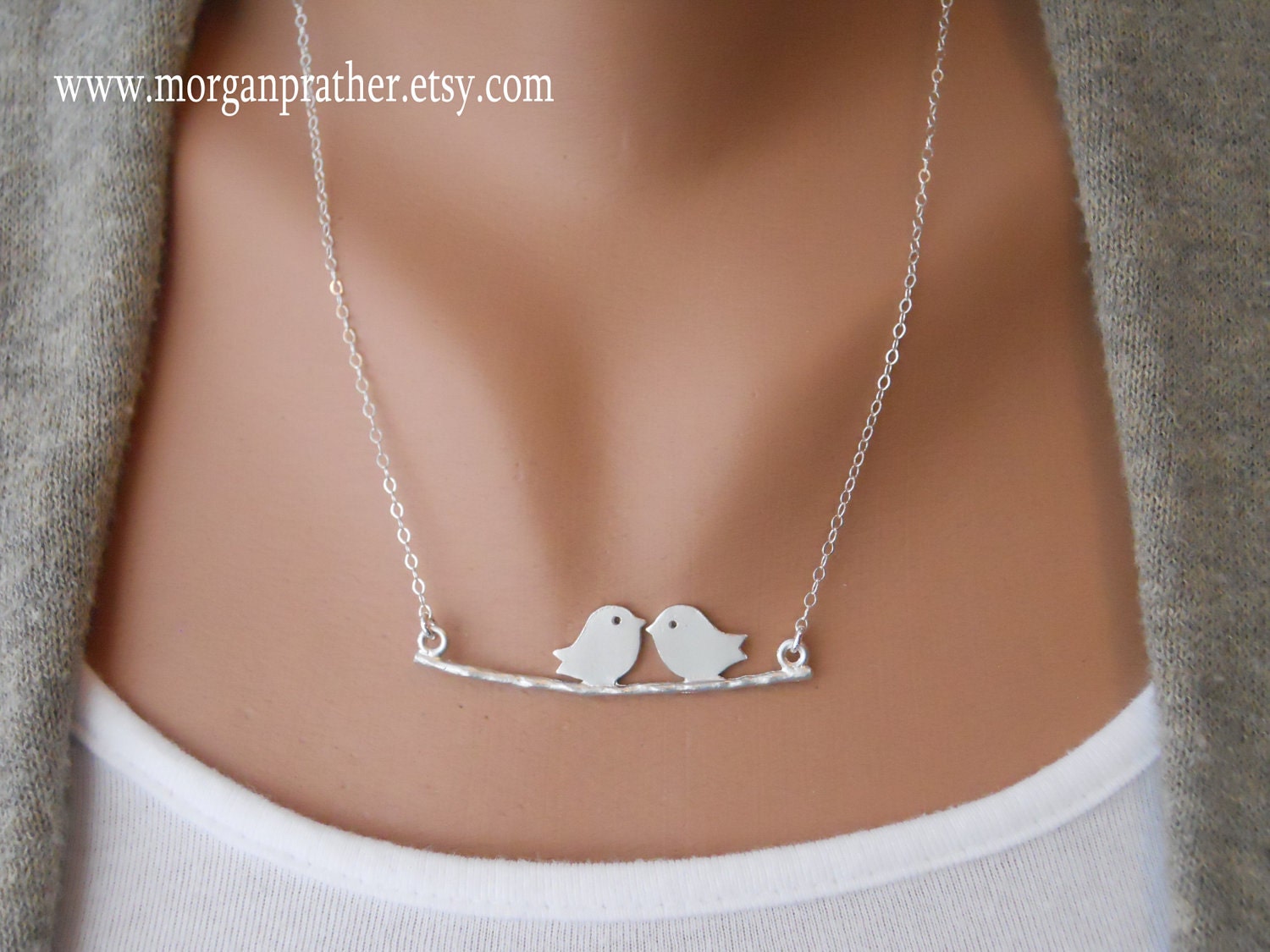 Love Birds on Branch Necklace in Silver - dainty love friendship pendant charm - sterling silver chain - morganprather
