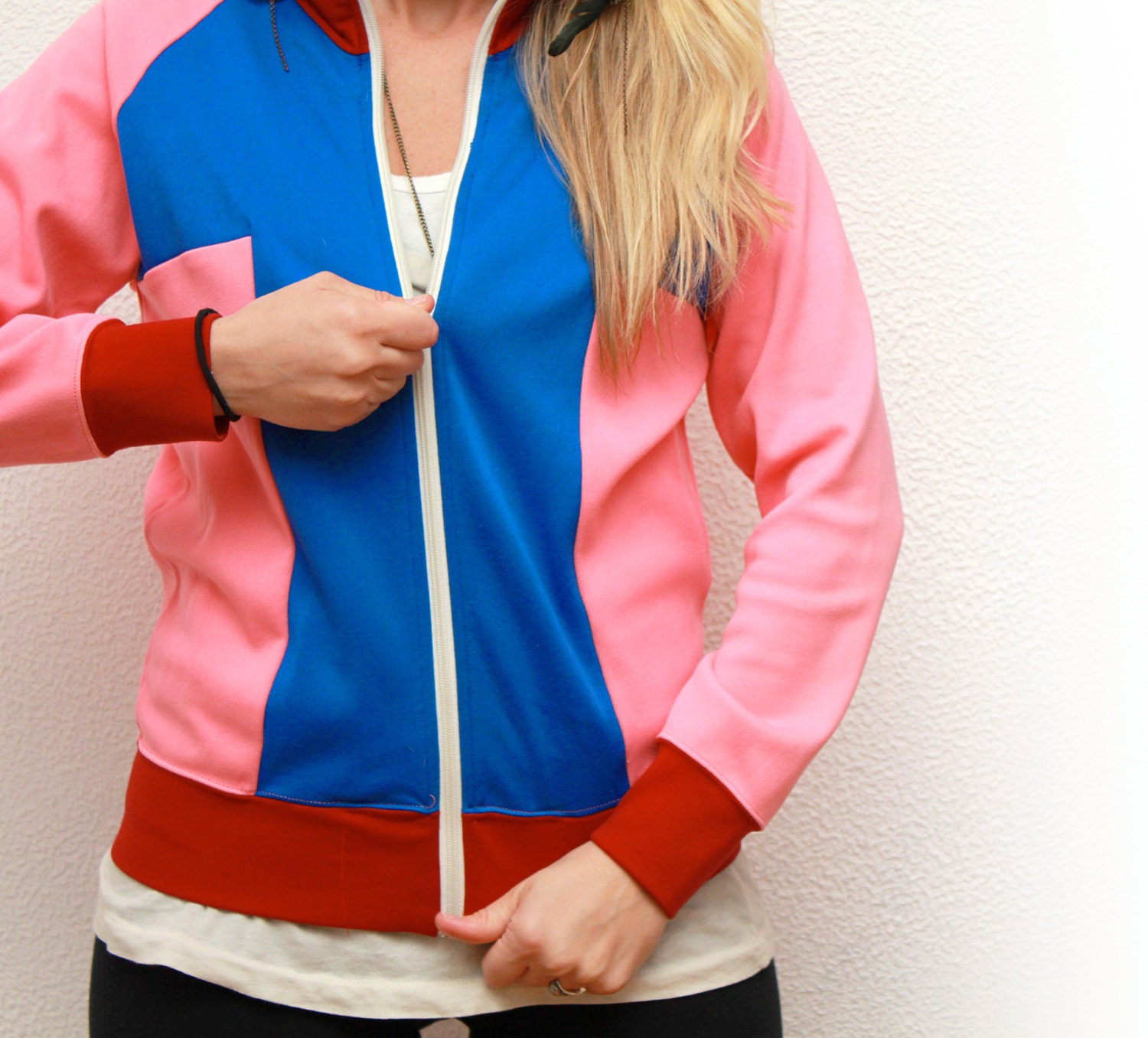 Women's small vintage gym jacket- hot pink, blue, maroon