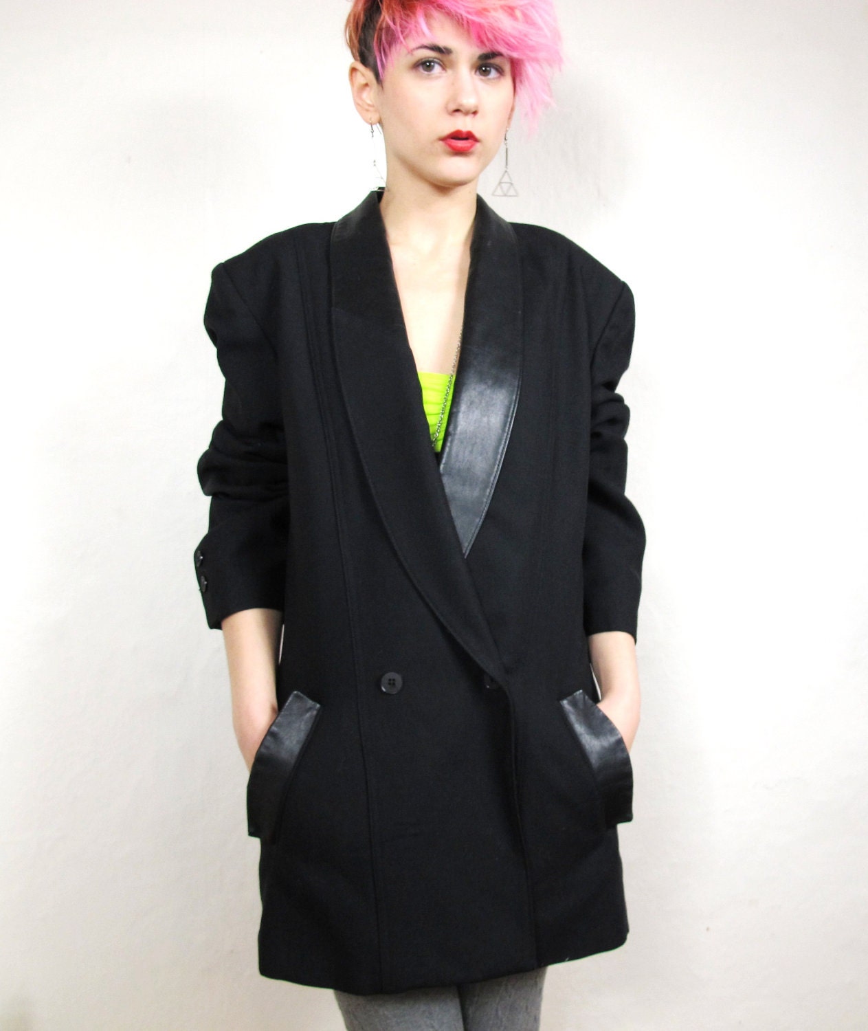 80s Minimalist Black Wool Tuxedo Blazer with Leather Collar (M/L)