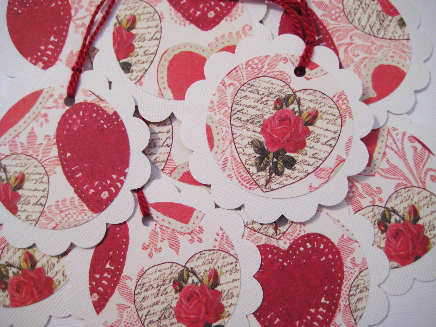 Valentine gift tags, hearts, lace and doilies, set of 10