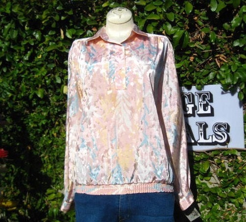 Vintage Pink Pastel Collared Long Sleeve Silky Blouse VR725