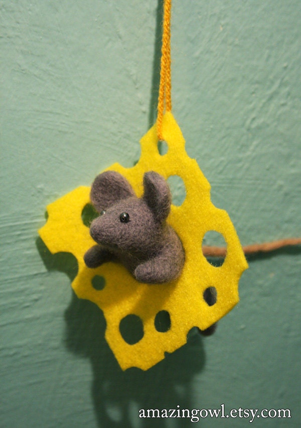 Original Ornament - Sweet Felted Mouse and Cheese