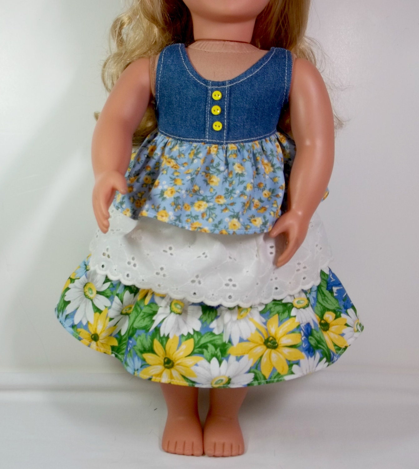 American Girl 18 inch Doll Clothes - Denim and Ruffles Dress - Denim top Blue and Yellow Ruffled Skirt