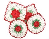 Red and White Rose Doilies Set of 4