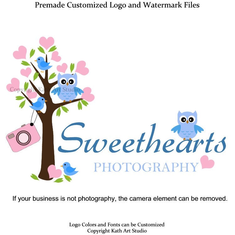 Hearts Owls Birdies Camera Photography Premade Business Logo Design 45 Sweethearts