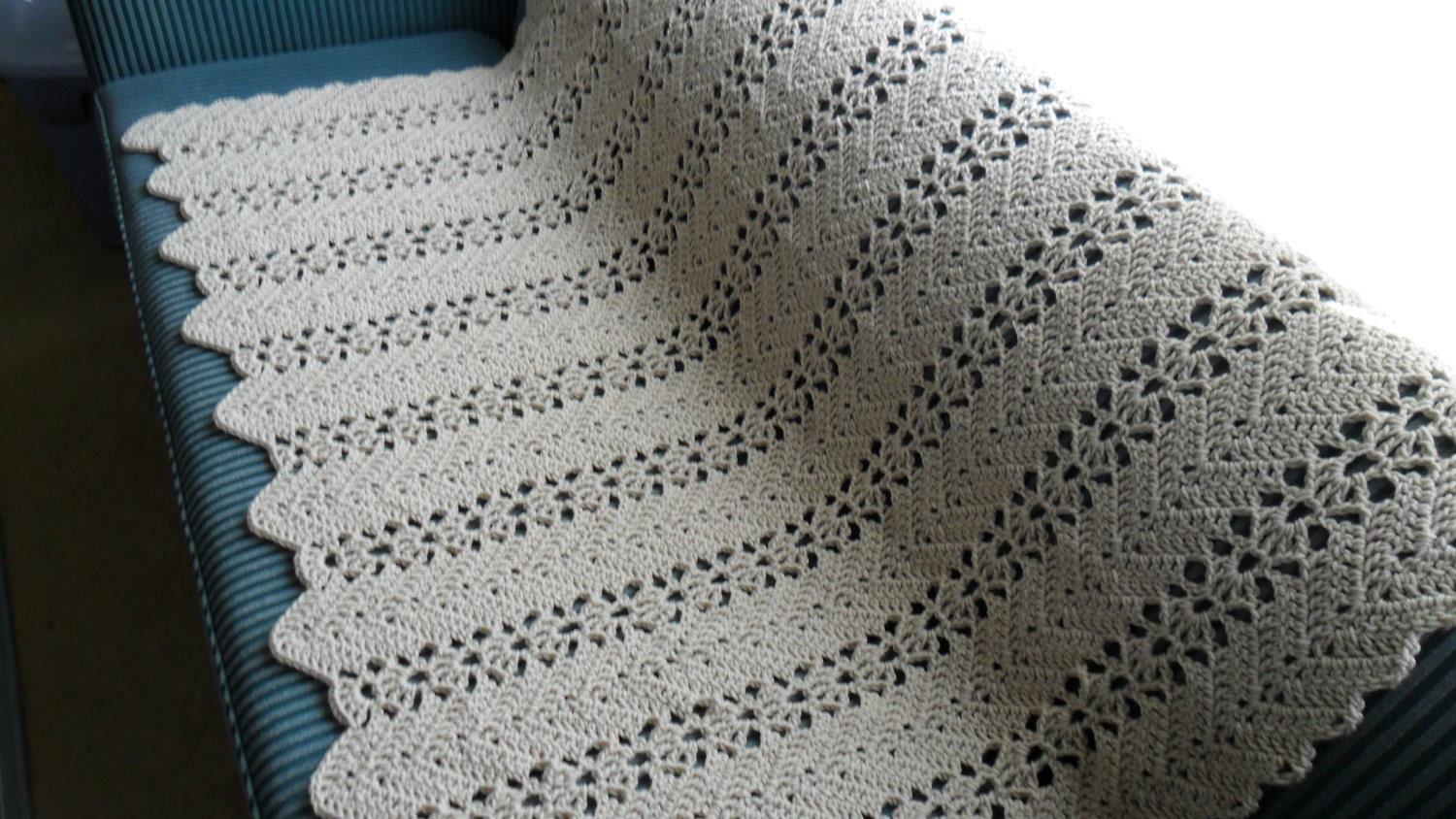 X Large Hand Crocheted Buff Colored ' LACY RIPPLE'  Cozy Cover Throw Afghan Blanket