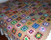 Large Hand Crocheted 'GRANNY SQUARE' Cozy Cover Throw Afghan Blanket in Caramel and Multicolor