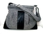 Messenger Bag-Wool-Gray Black Shoulder Bag-Diaper Bag-Pleated-Everyday Bag-Zipper Closure - marbled