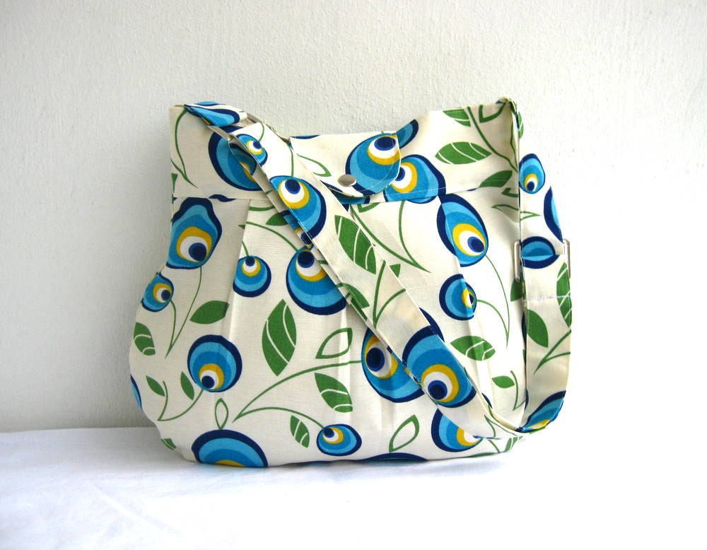 Sale % 10 off-Green Leaves-Multicolor-Canvas-Pleated-Adjustable to Straps-Everyday Bag-Blue Yellow Cream Green