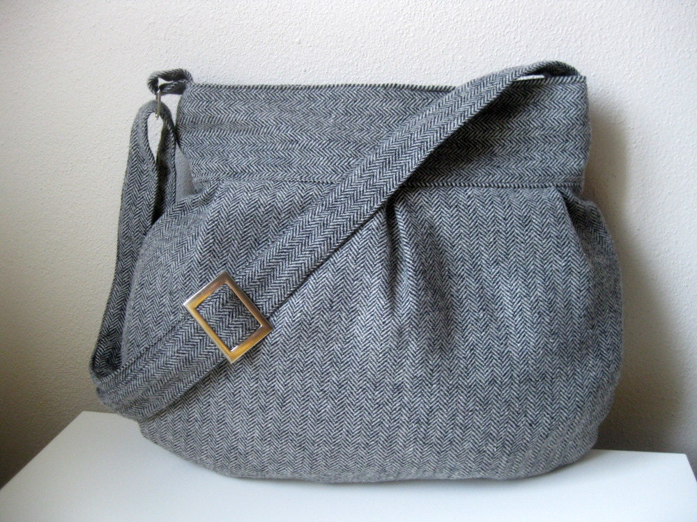 Sale % 10 off-Sale-Wool Bag-Pleated-Gray-Pleated-Adjustable to Straps-Zipper Closure