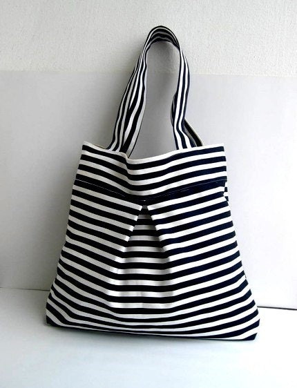 Tote bag-Black and White Stripe-Double Straps-Large